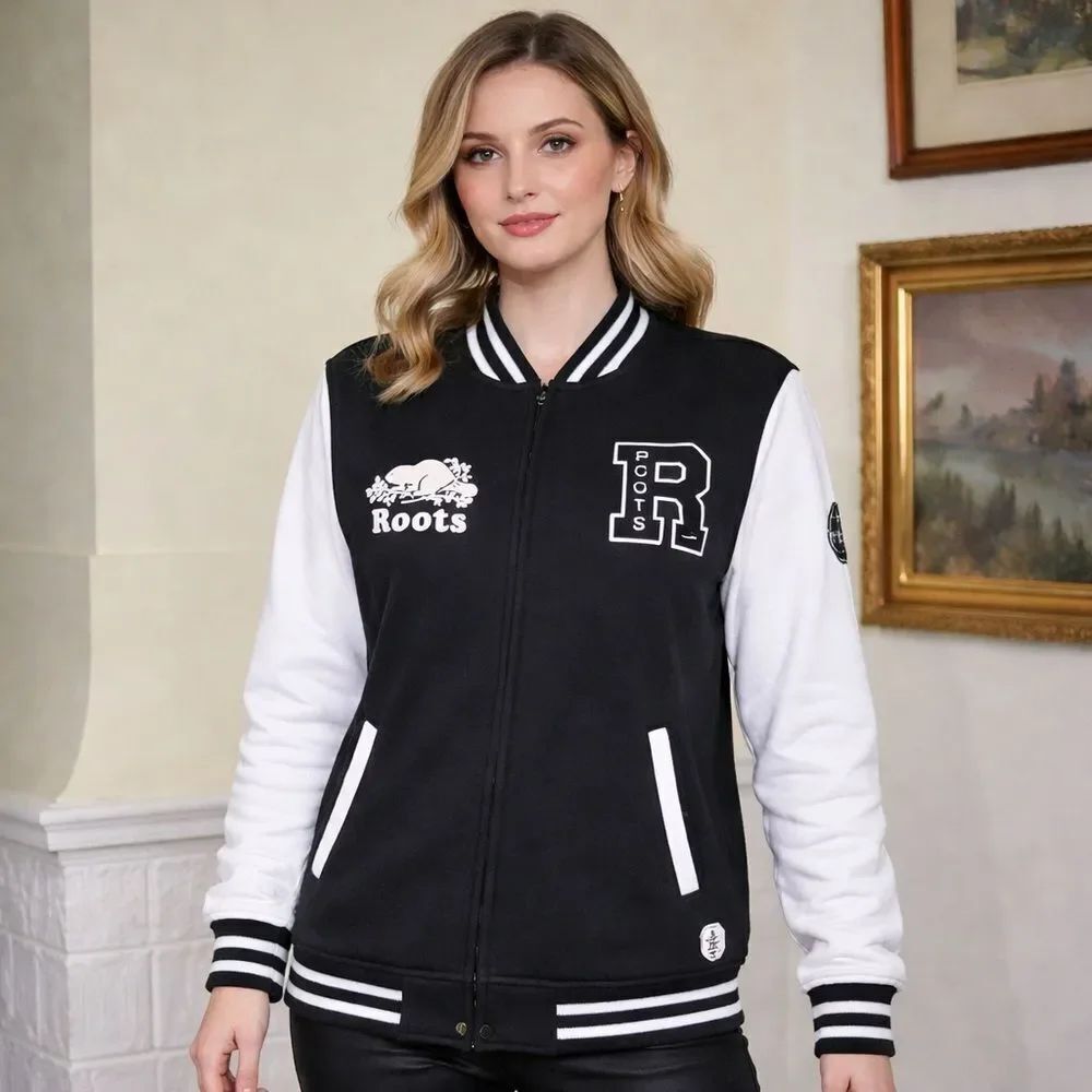 Roots Varsity Jacket Black & White Cotton Jersey Made in Canada